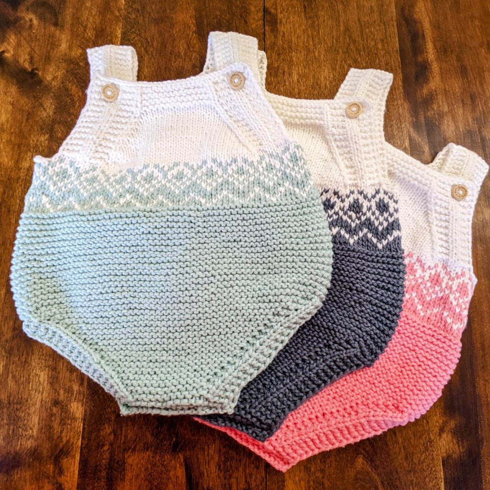 Green Jacquard pattern Nordic jersey Fair Isle Baby romper in cotton yarn